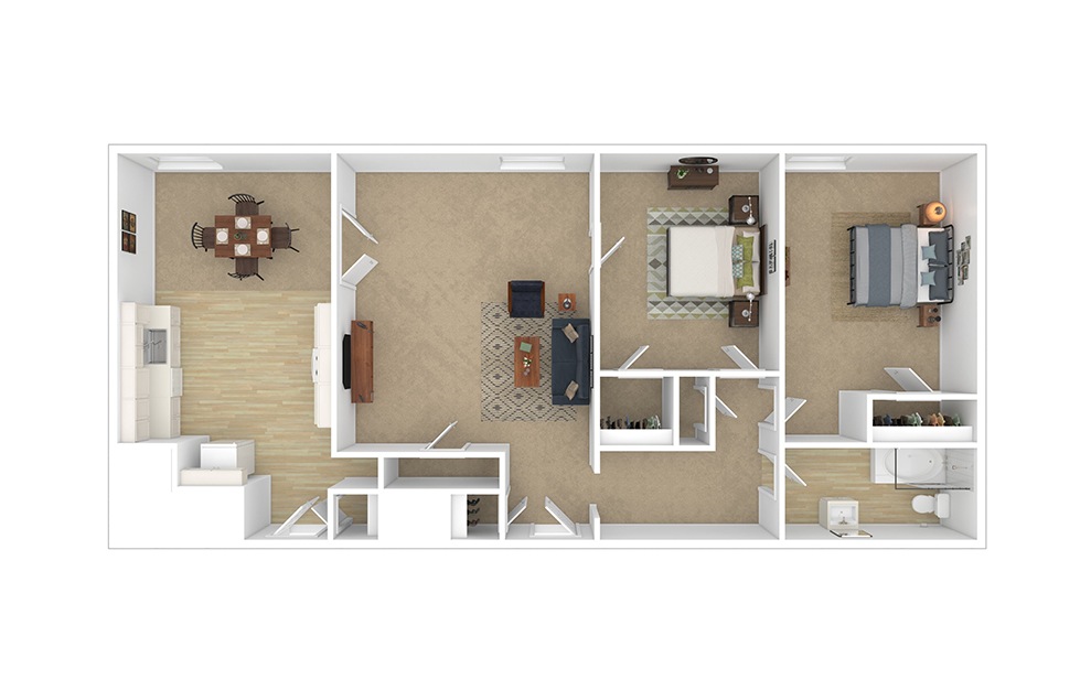 Bala 2 Bedroom - 2 bedroom floorplan layout with 1 bath and 800 to 900 square feet.